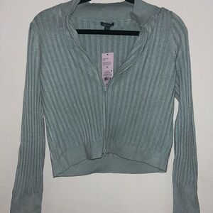 Stylish Teal-Gray Ribbed Zip-Up Sweater